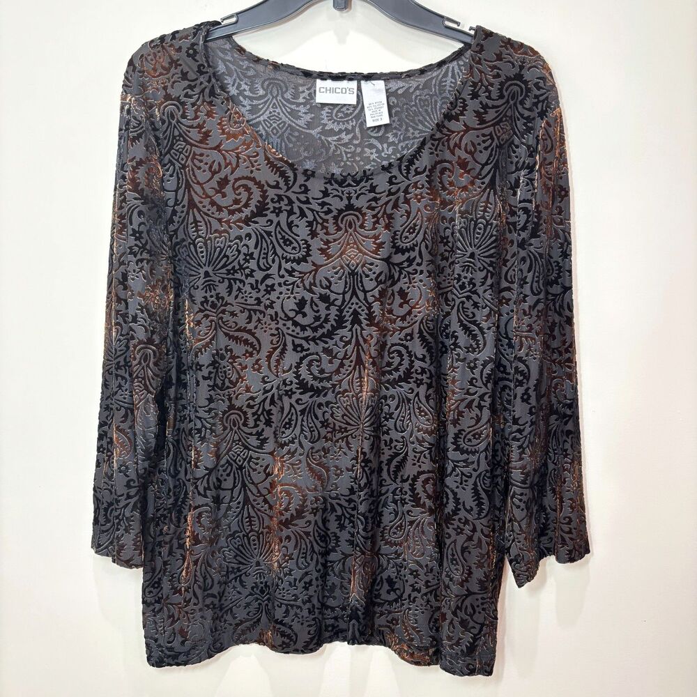 Chicos Black Gold Velvet Burnout Top XL Paisley Stretchy Retro 70s Spooky